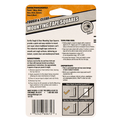 gorilla mounting tape double sided tough and clear pre cut squares back view